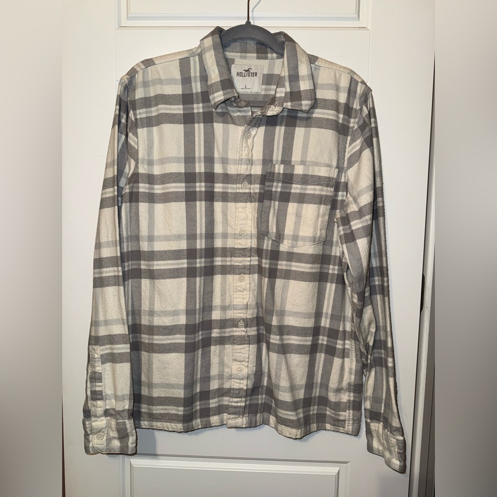 Hollister Men's Plaid Shirt‎ in Gray and Cream